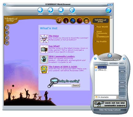 Archival Starbright World browser showing community content, search, and an online contact list